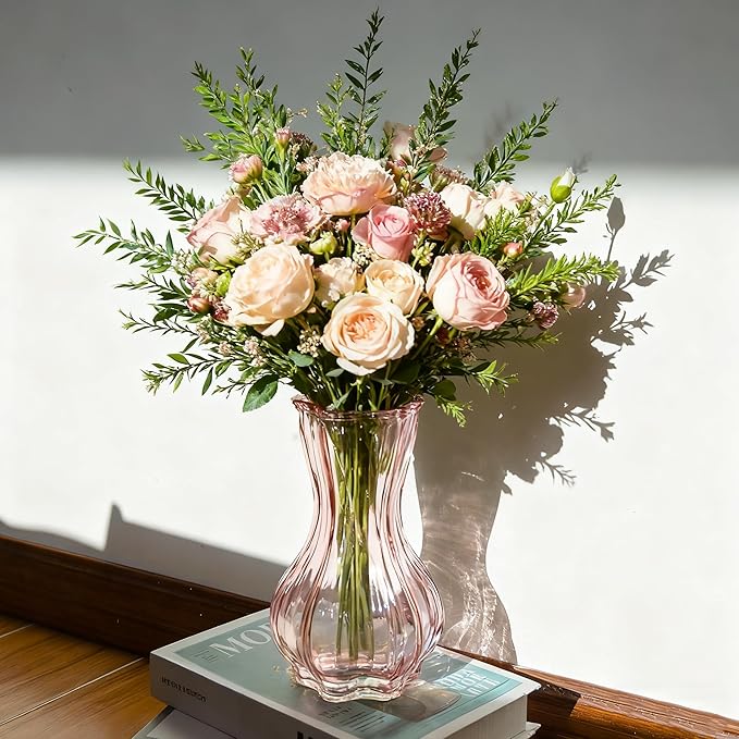 Flower Vase,Glass Vases Set of 2,Blush Clear Pink Vase 8 inch,for Home Decor,Decorations Indoor,Gifts,Wedding,Anniversary,Bridal Shower,Centerpieces