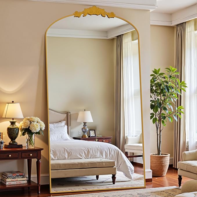 Antok Arched Full Length Mirror, 82"x44" Floor Mirror with Carved, Full Body Mirrors for HomeDecor, Standing/Halling Large Wall Mirror for Bedroom, Living Room, Cloakroom, Gold, Retro Style