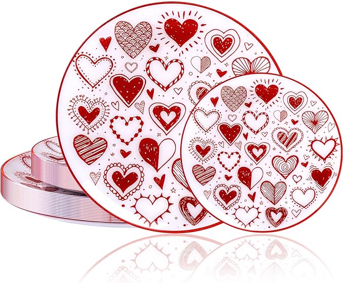 U-QE 20Pcs Red Plastic Plates - Diamond Heart Plates Disposable Heavy Duty, Fancy Love Pattern Perfect for Weddings, Parties, Valentine's Day - 10.25" Dinner Plate & 7.5" Dessert Plate