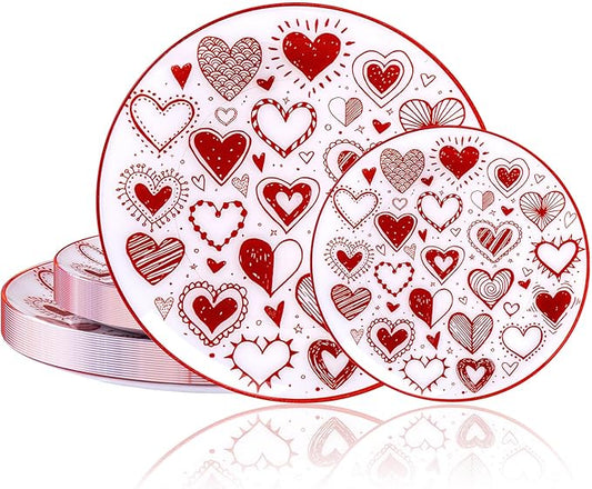 U-QE 20Pcs Red Plastic Plates - Diamond Heart Plates Disposable Heavy Duty, Fancy Love Pattern Perfect for Weddings, Parties, Valentine's Day - 10.25" Dinner Plate & 7.5" Dessert Plate