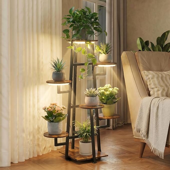 7 Tier Plant Stand Indoor with Grow Light for Multiple Plants | Corner Flower Stand, Vintage Multi-Layer Design, Sturdy Plant Shelf, Space-Saving, Ideal for Living Room Indoor Display