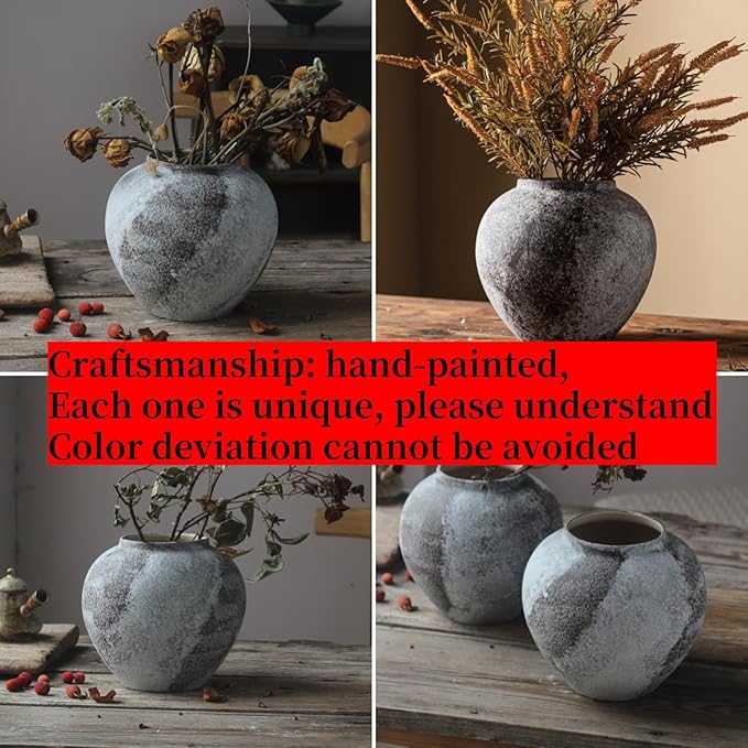 Rustic Distressed Large Ceramic Vase, 8.6 inch Terracotta Pottery Tall Decorative Vases, Concrete Vases Clay Stone Antique Big Vase for Home Decor (Round 8.6 in X 8 in)