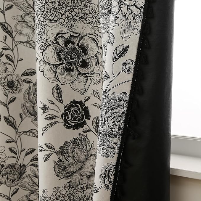 Blackout Black Floral Farmhouse Curtains Living Room Thermal Insulated Drapes, Elegant Peony Pattern & Tassel Curtains 2 Panels Blocking Curtains for Windows Floral Drapes (52W*84L)