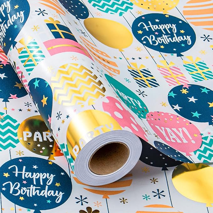 Homeral Birthday Wrapping Paper Roll - Cute Colorful Balloon with Gold Foil Metallic Shine Gift Wrap Paper for Birthday, Baby Shower, Party - Mini Roll - 17 Inch x 33 Feet