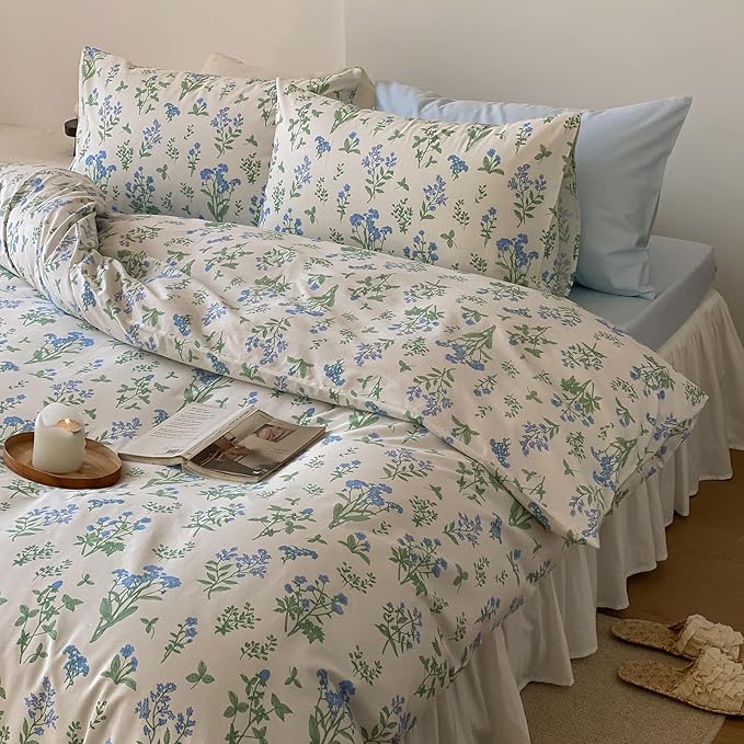 HighBuy Blue Floral Comforter Set King White Green Botanical Bedding Comforter Set Bed Soft Cottagecore Blue Flowers Bedding Set Coquette Aesthetic Farmhouse,1 King Comforter with 2 Pillowcase