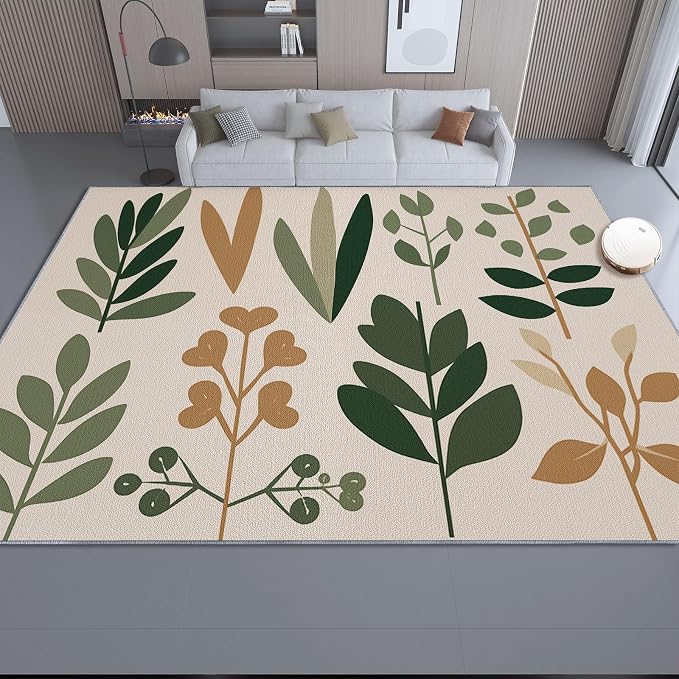 Area Rugs for Living Room, 4x6 Washable Rug Green Soft Low Pile Non-Slip Carpet Stain Resistant Carpets for Bedroom Dining Room Farmhouse Nursery, Retro Leaves Bohemian Plants