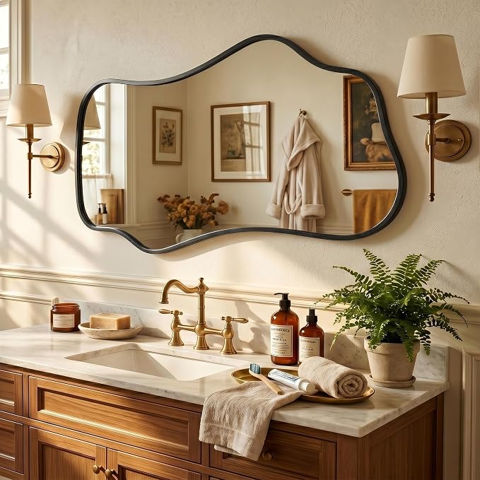 Bathroom Mirrors for Over Sink-Horizontal or Vertical Hanging 47.2"x21.6" Black Asymmetrical Wavy Aluminum Frame Decorative Full Body Mirror for Living Room,Bedroom,Cloakroom,Entryway