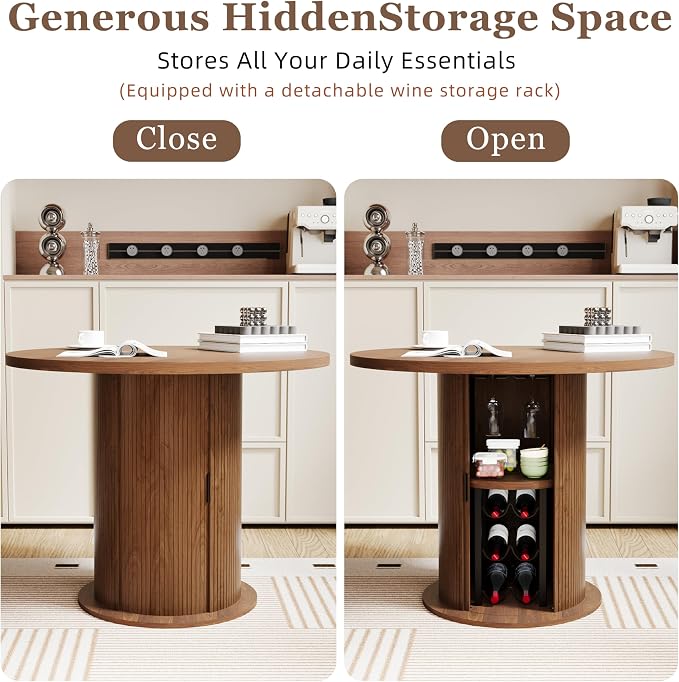Wildhome Round Dining Table for 2-4, 31 Inch Dining Room Kitchen Table with 2-Tier Storage Shelf & Wine Rack, Modern Farmhouse Fluted Wood Slide Door Dinner Furniture,Circle(Non scalable-32 In-Walnut)
