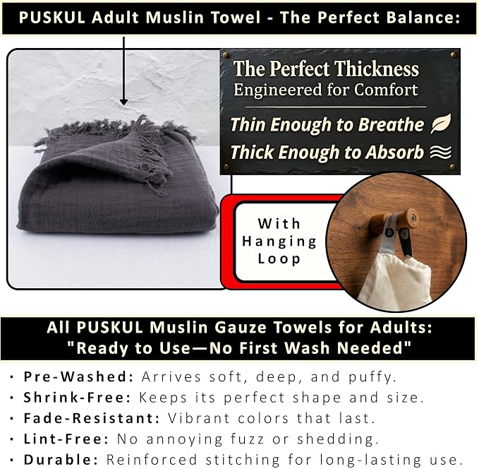PÜSKÜL - Premium 2-Piece Oversized Muslin Bath Towel for Adult 35x70 Extra Large Bath Sheets | Natural 100% Turkish Cotton Soft Absorbent Quick-Dry Light Spa & Beach Towels(Pack of 2, Anthracite)