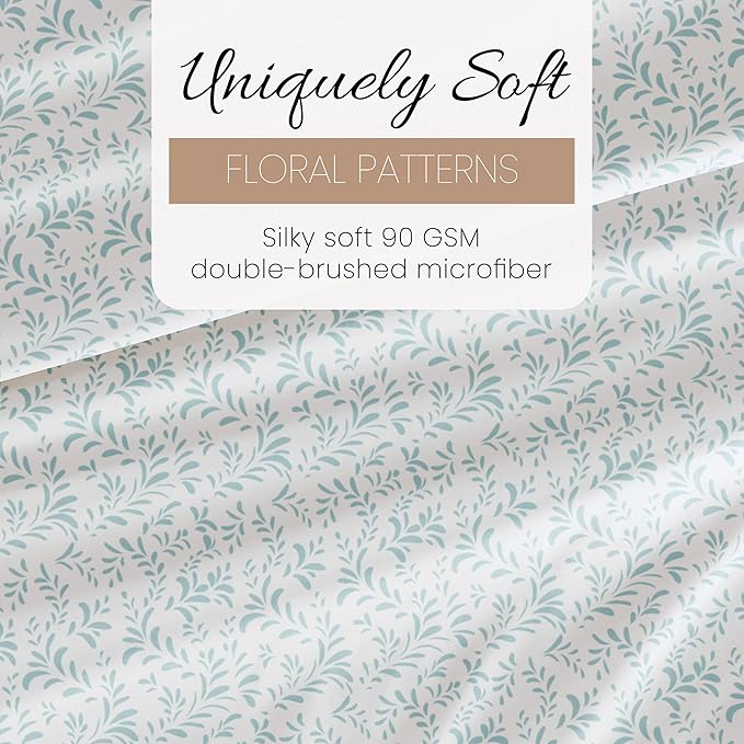 Linen Market Patterned Microfiber Full Sheet Set 4 Piece – Oeko-TEX Certified Ultra Soft & Wrinkle-Free - 16" Deep Pocket Sheets - Easy Care Full Size - Burst of Vines Light Blue