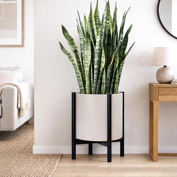 D'vine Dev Planter Pot with Stand - 16 Inch Plastic Cylinder Flower Pot with Wood Planter Holder for Indoor, Oatmeal Pot + Ebony Stand, 55-C-Z-4