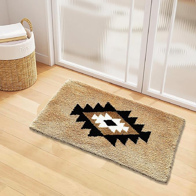 Boho Bath Mats Non Slip Geometric Bathroom Rugs Fluffy Soft Absorbent Bath Rug for Bathroom Shower Sink Home Entryway Bohemian Farmhouse Decor 30"×20", Camel