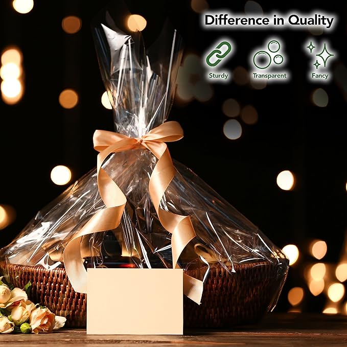 Extra Large Cellophane Gift Bags 35 x 47 Inch (12 Pack) — Clear Basket Wrap Bags for Gift Baskets, Holiday Packaging, Party Favors, DIY Gifts (Ribbon & Basket Not Included)