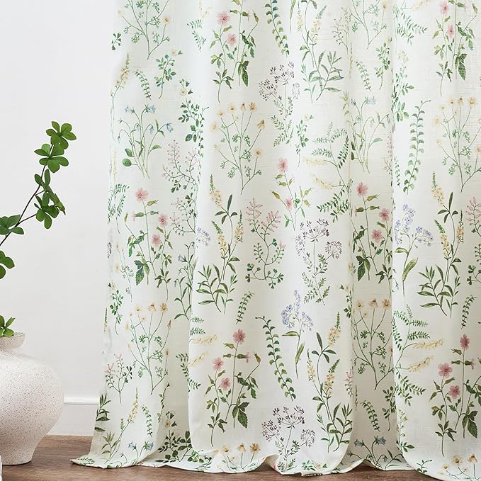 jinchan Floral Linen Blend Curtains for Living Room 96 Inch Length French Country Farmhouse Printed Curtains Sage Green on White Rod Pocket Back Tab Light Filtering Window Drapes 2 Panels