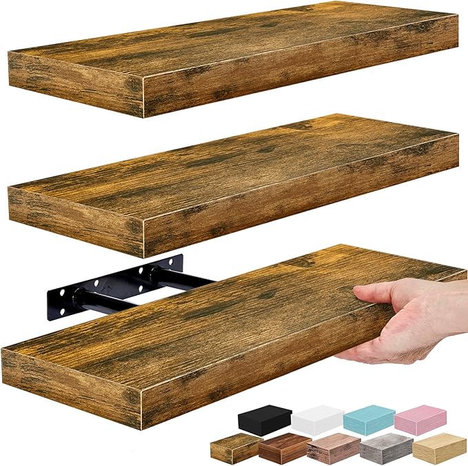 Sorbus Floating Shelves for Wall – 16 Inch Floating Shelf for Kitchen, Bedroom, Living Room, Bathroom, Home & Wall Decor - Mounted Bathroom Shelves with Invisible Brackets (Rustic Brown, 3 Pack)