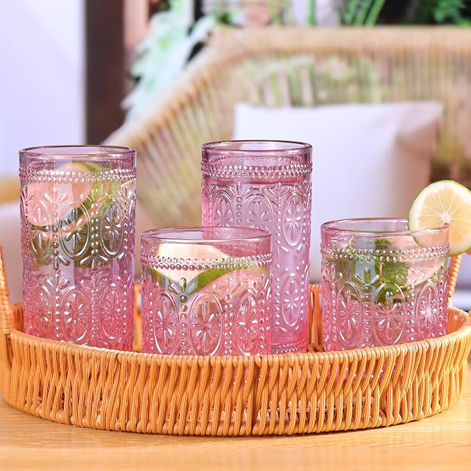 Darlion 6 Pack Pink Vintage Glassware Set, 10oz Romantic Drinking Glasses, Colored Water Glasses, Pink Embossed Glass Cups for Juice, Cocktails, Beer, Iced Tea, Soda