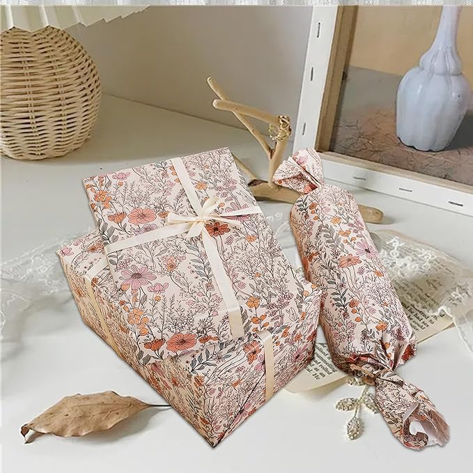 8 Sheets Vintage Wildflower Wrapping Paper - 19.7” x 27.6” Spring Floral Gift Wrap Paper for Girls, Women Birthdays, Baby Showers, Bridal Showers, Weddings, Valentine’s Day Party Celebrations