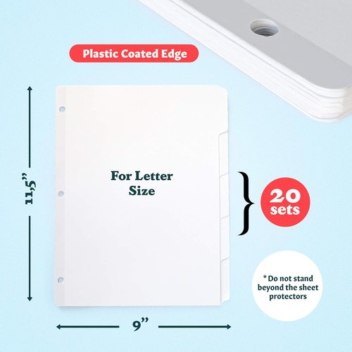 Binder Dividers with Tabs by [Brand Name] - Set of 20 Reinforced 5-Tab Dividers for 3-Ring Binders, White - Keep Documents Organized