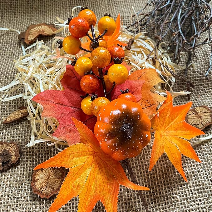 6 Pack Fall Stems Artificial Berry Picks Fall Picks with Pumpkin Maple Leaves Branches Decorations for Harvest Autumn Thanksgiving Day Flower Arrangements Wreaths Indoor Outdoor Home Decor