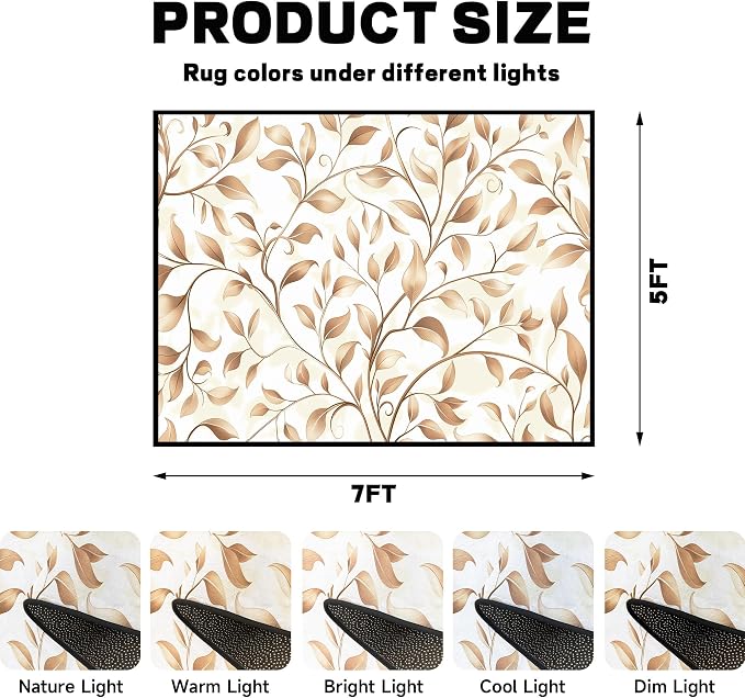 Botanical Leaf Vine Area Rug Beige Floral Branch Print Rug for Bedroom Living Room Kitchen Nursery Playroom Home Decor Non-Slip Washable Floor Mat Modern Farmhouse Carpet,5'x7'