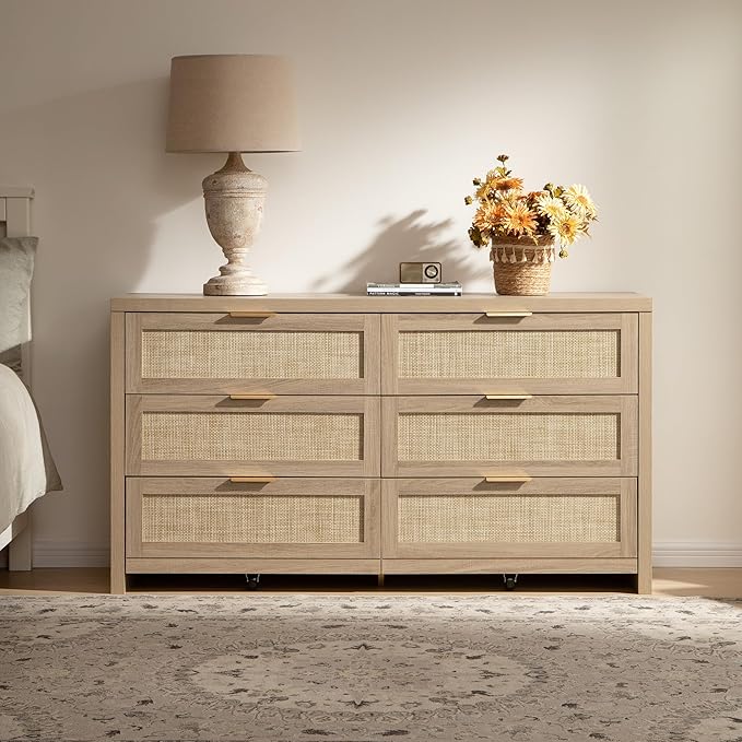SICOTAS Rattan Dresser for Bedroom, 57" Wide 6 Drawer Dresser with Ample Storage, Dressers Large Chest of Drawers, Closet, Boho TV Stand for Bedroom (Reclaimed Light Oak, 1 Piece)