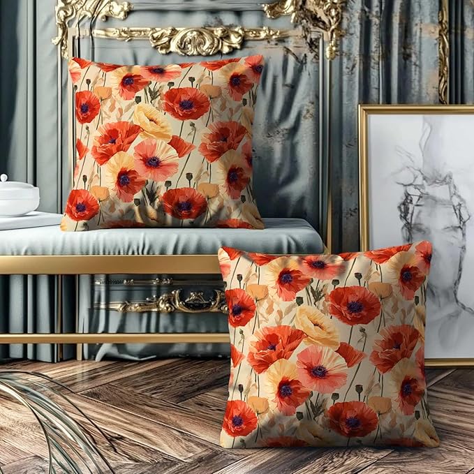 Floral Throw Pillow Covers Set of 2 | Poppy Flower Print Decorative Cushion Cases for Couch, Sofa, Living Room and Bedroom | Square 18x18 Inches | Zipper Closure Pillowcases