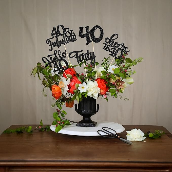 Gyufise 15Pcs 40th Birthday Centerpiece Sticks Forty Happy 40th Table Flower Centerpieces Sticks Cheers to 40 Floral Decorations for 40th Birthday Party Centerpieces Supplies Black