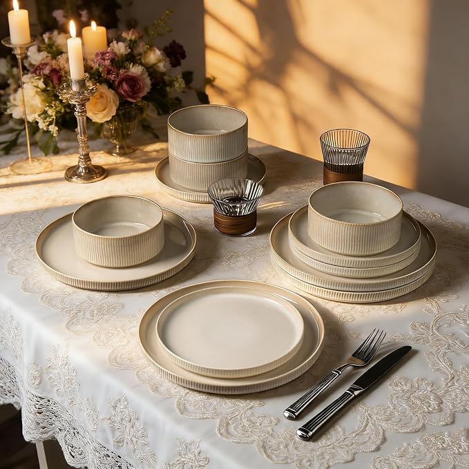 MONITO Ceramic Dinnerware Sets for 6, 18PCS Stoneware Plates and Bowls Sets, Reactive Glaze Dish Set, Chip and Scratch Resistant Double, Microwave and Dishwasher Safe, Beige