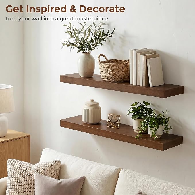 fuqing Wood Floating Shelves | 24 Inch Floating Shelves for Wall Set of 2 | 24" W x 6.7" D x 1.4" H Rustic Walnut Shelves for Bathroom Living Room Bedroom Kitchen