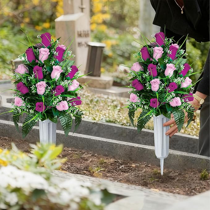 Artificial Cemetery Flowers - Set of 2 Grave Memorial Rose Flowers with Vase for Cemetery Headstones Gravesites Decoration (Purple & Pink)