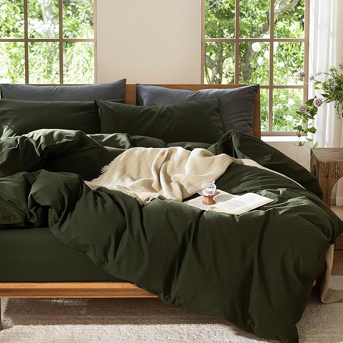 MooMee Bedding Duvet Cover Set 100% Washed Cotton Linen Like Textured Breathable Durable Soft Comfy (Solid Olive Green, Cal King 104"x98")