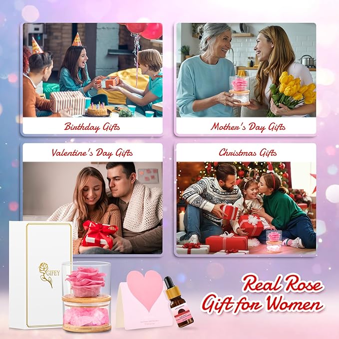 Women Gifts for Christmas Flower Gifts for Mom,Xmas Gift for Her,Preserved Pink Roses with Light,Forever Flowers Birthday Gifts for Women,Wife,Girlfriend Gifts Ideas on Birthday,Anniversary,Valentines