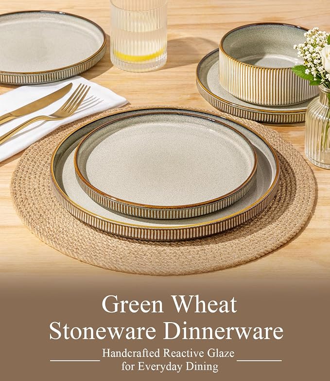 GBHOME 24-Piece Stoneware Dinnerware Set for 8 – Ribbed Ceramic Plates and Bowls, Scratch-Resistant, Microwave & Dishwasher Safe, Reactive Glaze, Reactive Glaze Green Wheat