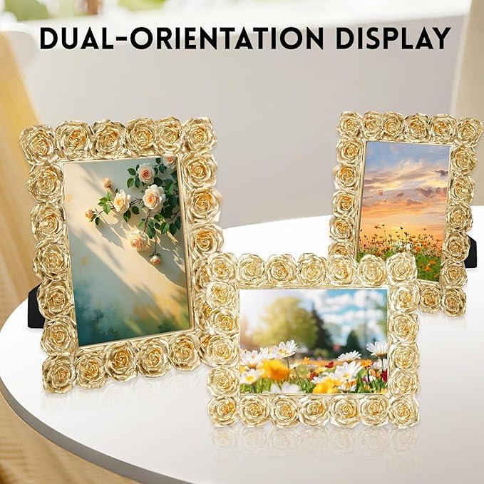 Rose 4x6 Picture Frame, Gold Vintage Antique Picture Frames with Glass Front, Elegant Retro Carved Ornate Photo Frame, Resin Photo Frames for Tabletop or Wall Hanging, Vertical or Horizontal Photos Display