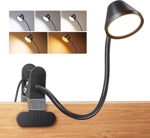LEPOWER Clip-On Light - 7W Eye-Care Reading Light with Stepless Dimming & Auto Timer | Black, 5 Colors Available