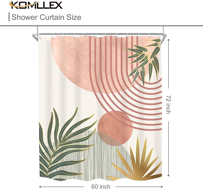 KOMLLEX Mid Century Pink Green Boho Shower Curtain 60Wx72L Inches Abstract Modern Shower Curtains for Bathroom Orange Gold Botanical Minimalist Arch Sun Fabric Liner Waterproof Polyester 12 Pack Hooks