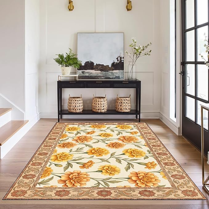Marigold Floral Area Rug Vintage Boho Rug Bordered Non-Slip Washable Floor Mat for Entryway Bedroom Living Room Nursery Kitchen Playroom Home Decor,3'x5'