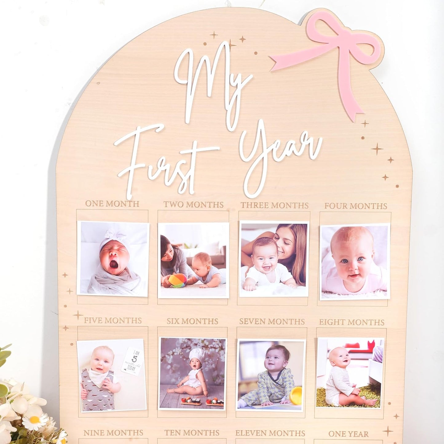 WAUAO My First Year Birthday Board - Monthly Milestone Wood Photo Display for Girls | 12 Months of Memories