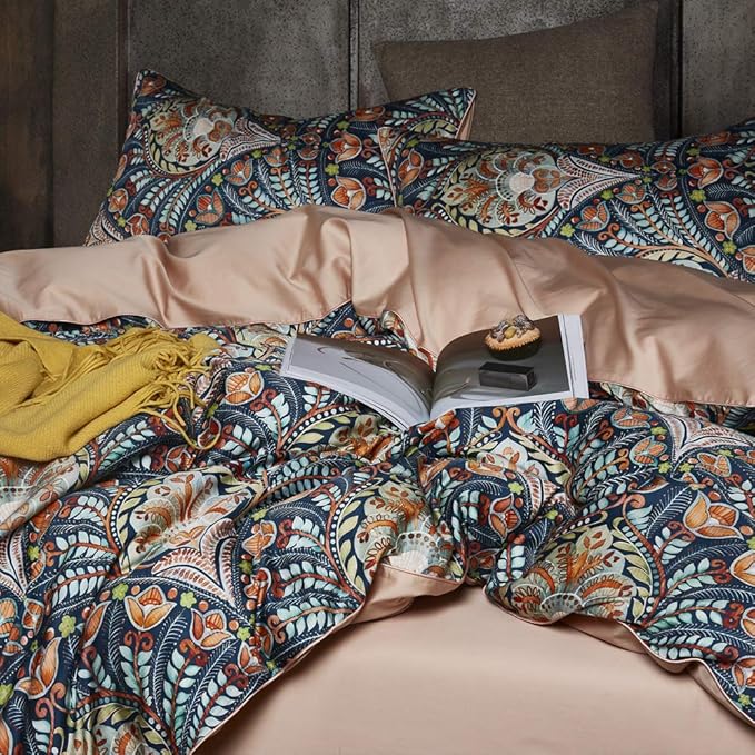 VM VOUGEMARKET Medallion Duvet Cover Set King Boho Paisley Print Bedding Set 3 Pieces Sateen Cotton Rustic Bohemian Comforter Cover with Zipper Ties