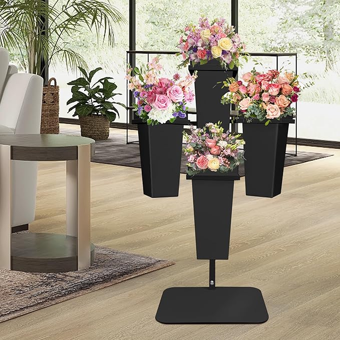 PROLEE Flower Display Stand with Buckets, Wedding Flower Cart Display Stand with Wheels,Flower Stand for Wedding Party, Events and Garden Decor (Black)