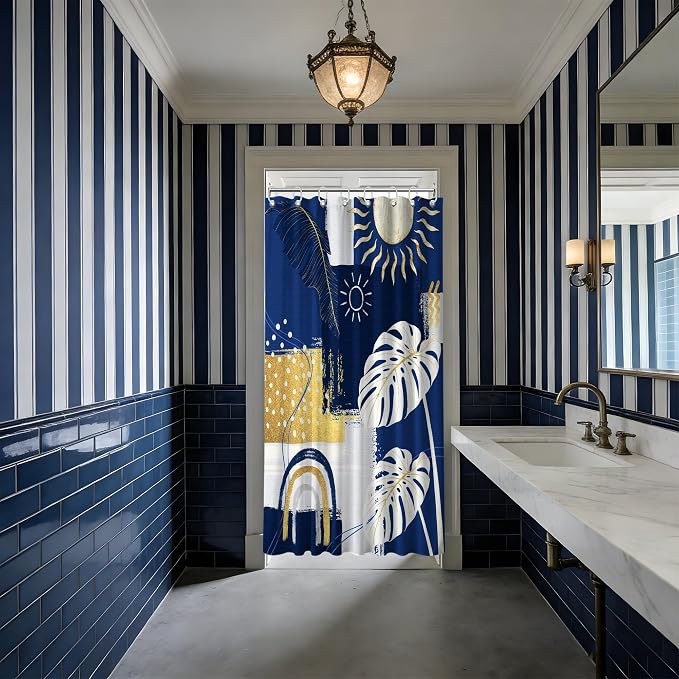 Small Stall Narrow Shower Curtain Blue and White Stand Up Abstract Navy Blue and Gold Boho Shower Curtains for Rv Camper Bathroom Decor Sets, Waterproof Cloth Fabric with Hooks, 48 x 72 Inch