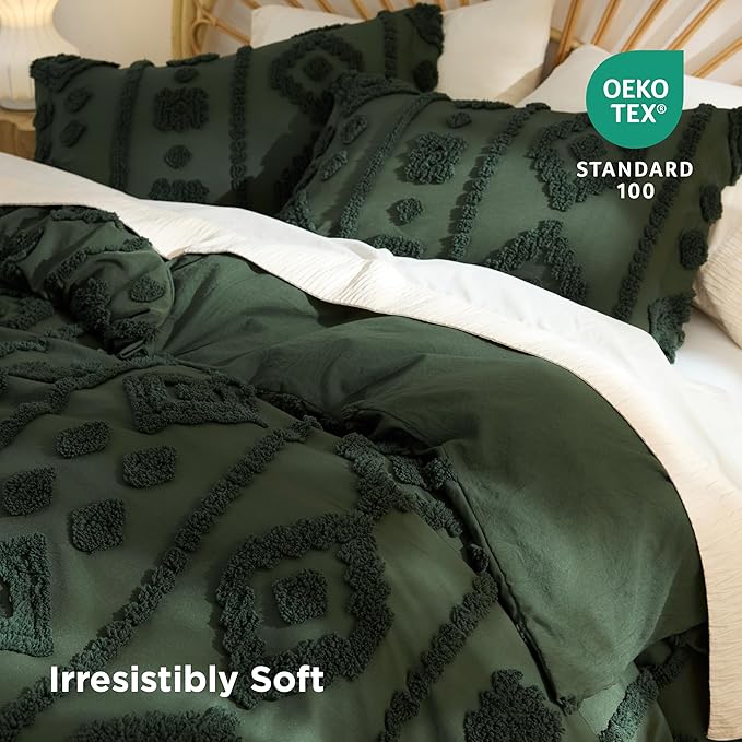 Bedsure Boho Duvet Cover King - Dark Green Tufted Boho Bedding, Farmhouse Shabby Chic Embroidery Bedding for All Seasons, 3 Pieces, 1 Soft Jacquard King Comforter Cover and 2 Pillow Shams