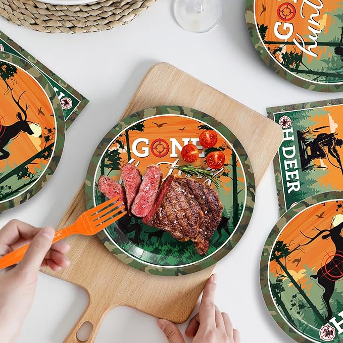 48Pcs Hunting Birthday Party Decorations Tableware Set Include Plates Napkins Forks Hunting Decor for 16 Guests