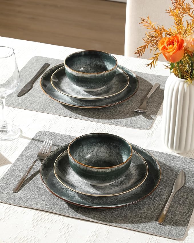 Sweejar Dinnerware Sets Service for 4,12 pcs Porcelain Plates and Bowls for Kitchen, Housewaring Gift,Chip and Scratch Resistant Dish Set,Handmade Dishwasher and Microwave Safe Plate Set,Dark Green