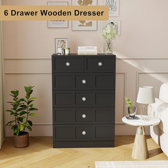 6 Drawer Dresser for Bedroom: 24" Fluted Black Dresser Deep Drawers, Modern Chest of Drawers for Bedroom, Fluted Wood Dressers for Living Room, Hallway (Black, 24")