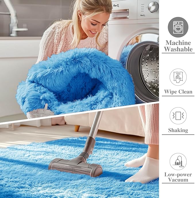 OLANLY Area Rugs for Living Room Bedroom, Machine Washable 4x5.9 ft Soft Fluffy Shaggy Bedside Rug, Indoor Floor Carpet for Kids Girls and Boys, Dorms, Nursery Rooms, Home Decor Aesthetic, Bright Blue