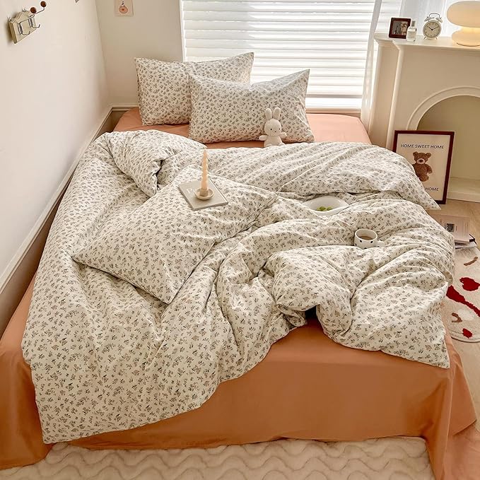 Aesthetic Floral Duvet Cover Full Breathable Soft 100% Cotton Floral Comforter Cover Vintage French Style Duvet Cover Girls Cottagecore Bedding Set Botanical Flower Comforter Cover with 2 Pillowcases