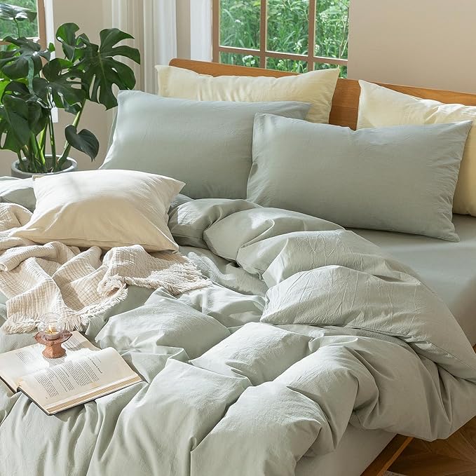 MooMee Bedding Duvet Cover Set 100% Washed Cotton Linen Like Textured Breathable Durable Soft Comfy (Heathered Sage Green, Super King Plus 120"x120")
