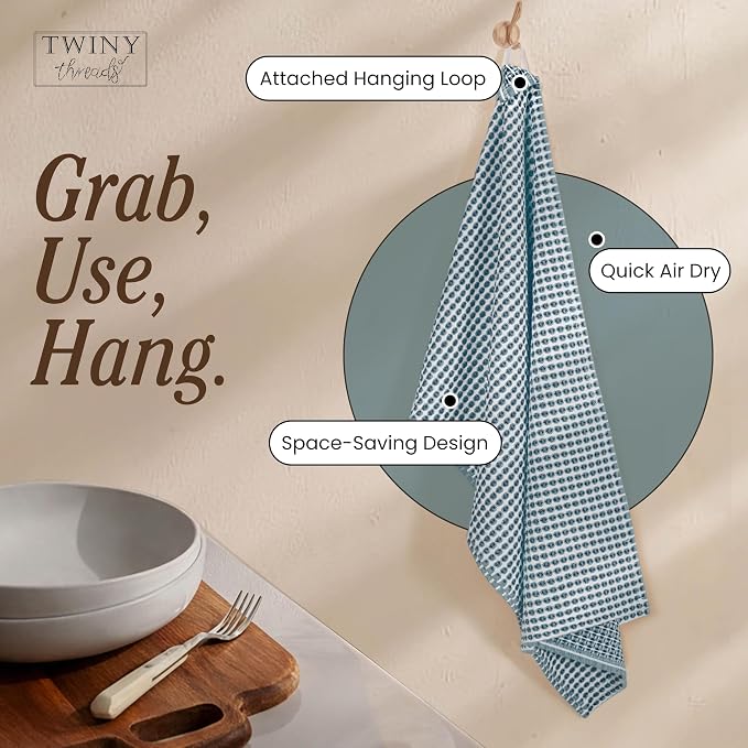 TWINY threads Circle Waffle Kitchen Dish Towels 16x26 Inches, Set of 4, 100% Cotton, Premium Quality, Durable, Waffle Texture, Multi Use Cleaning Cloths, Ideal for Home Kitchens, Hotels, Teal Green