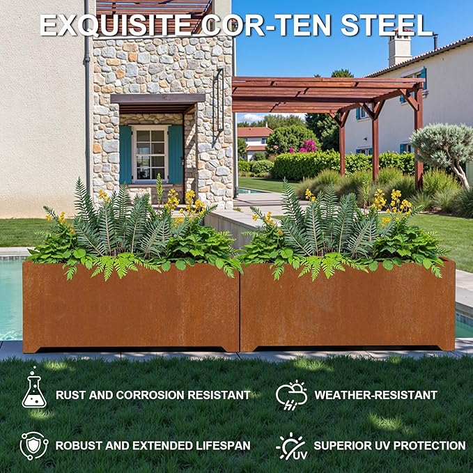 Metal Planter Box, Large Outdoor Rectangle Planters with 6 Drainage Holes & Raised Bottom, Co rten Steel Planter for Patio, Garden, Porch, 36" L x 15" W x 15" H
